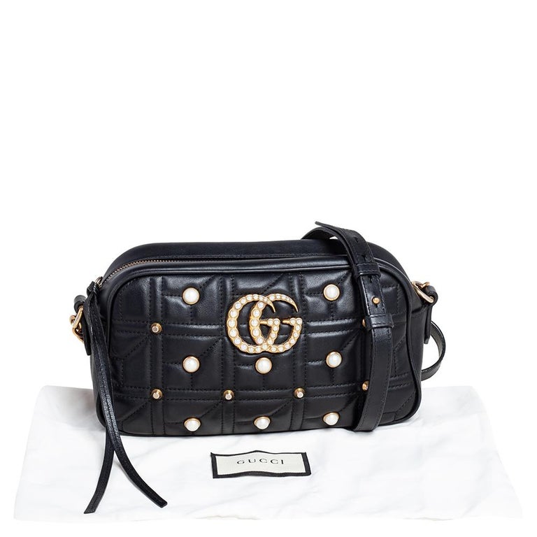 Gucci Black Quilted Leather Small Studs and Pearl GG Marmont Crossbody