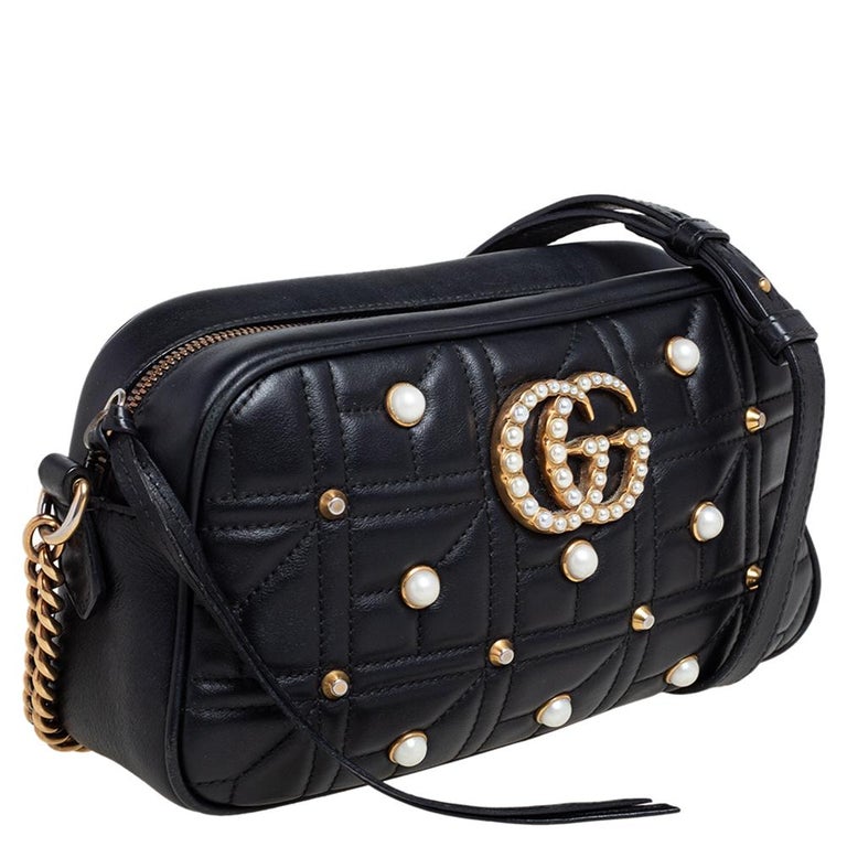 Gucci Black Quilted Leather Small Studs and Pearl GG Marmont Crossbody