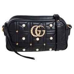 Gucci Black Quilted Leather Small Studs and Pearl GG Marmont Crossbody Bag