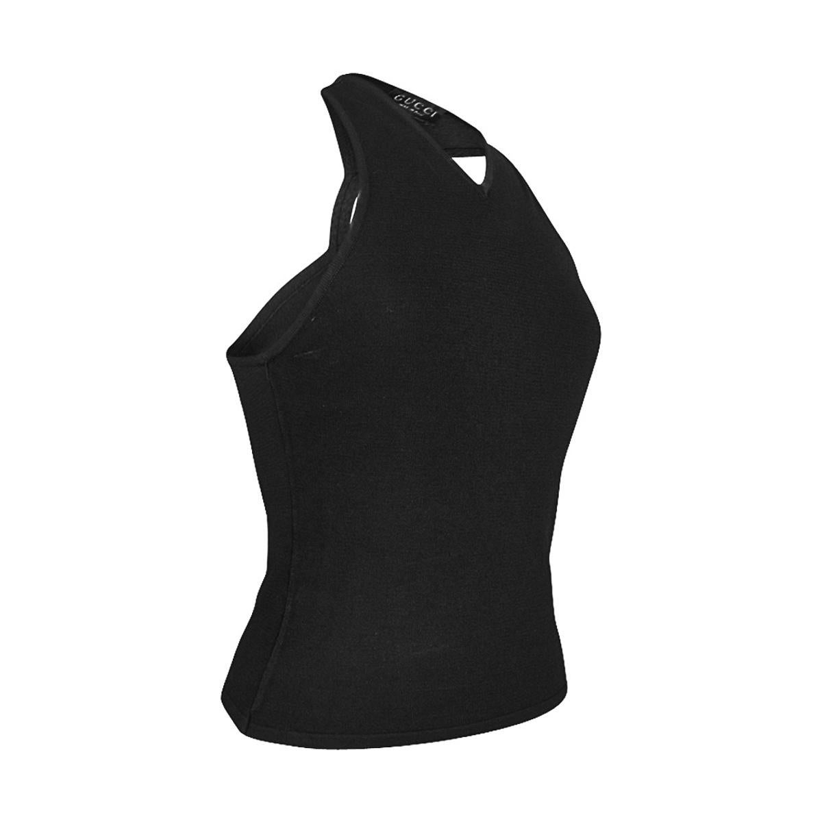 Gucci vintage black racerback top.
V-neck neckline with a pretty modern racerback detail.
So chic and timeless.
Fabric is Rayon.
final sale

SIZE S

TOP MEASURES:
LENGTH 19