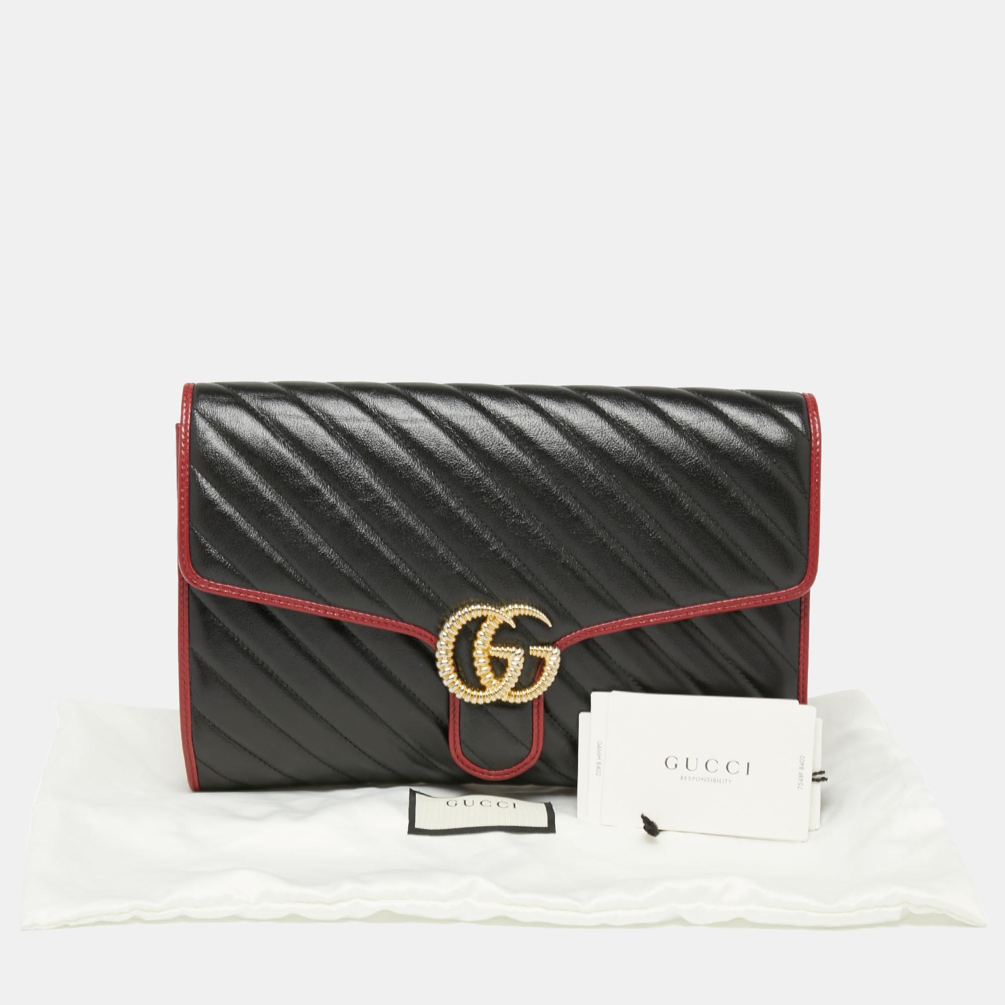 Gucci Black/Red Diagonal Quilt Leather GG Marmont Torchon Clutch 7
