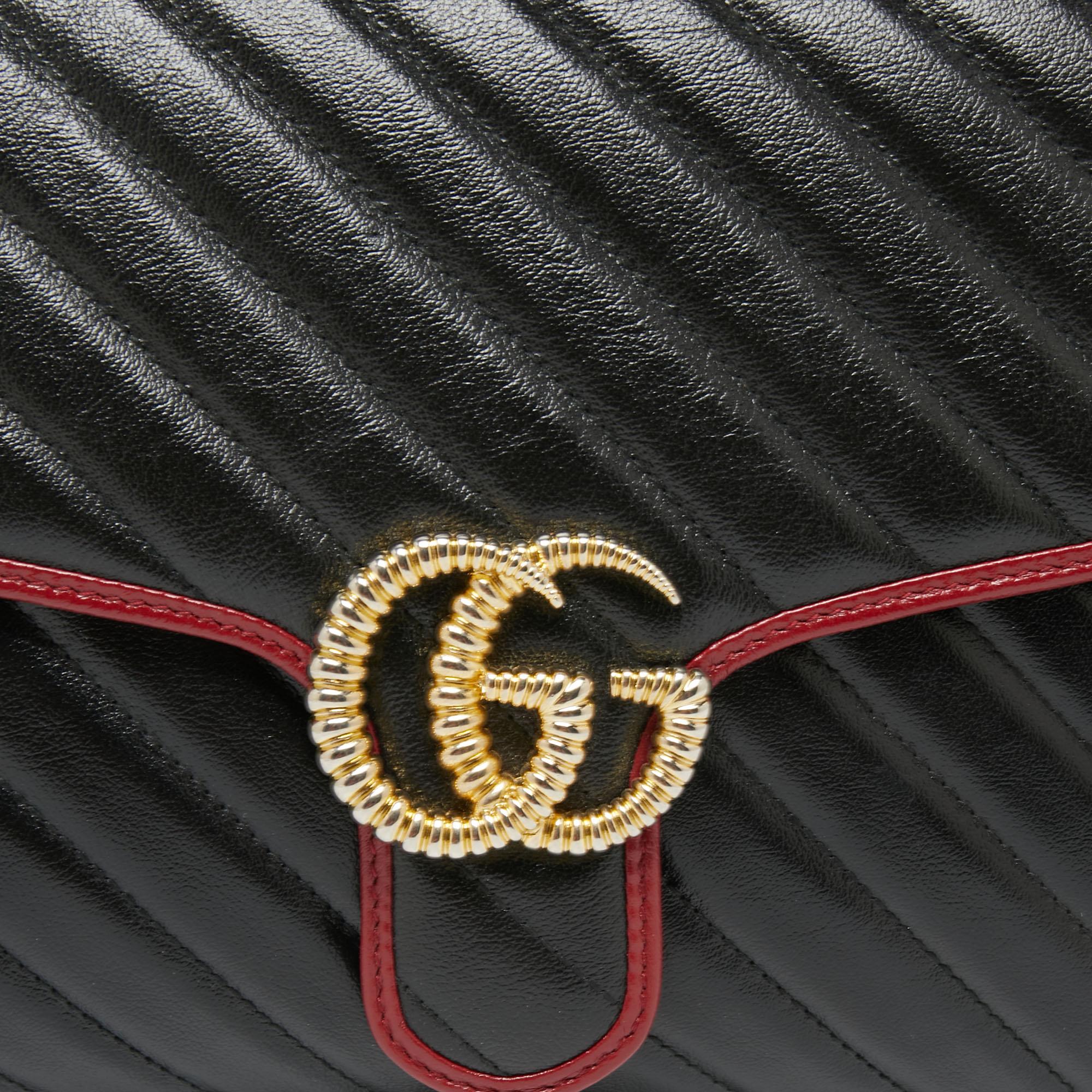 Gucci Black/Red Diagonal Quilt Leather GG Marmont Torchon Clutch 4