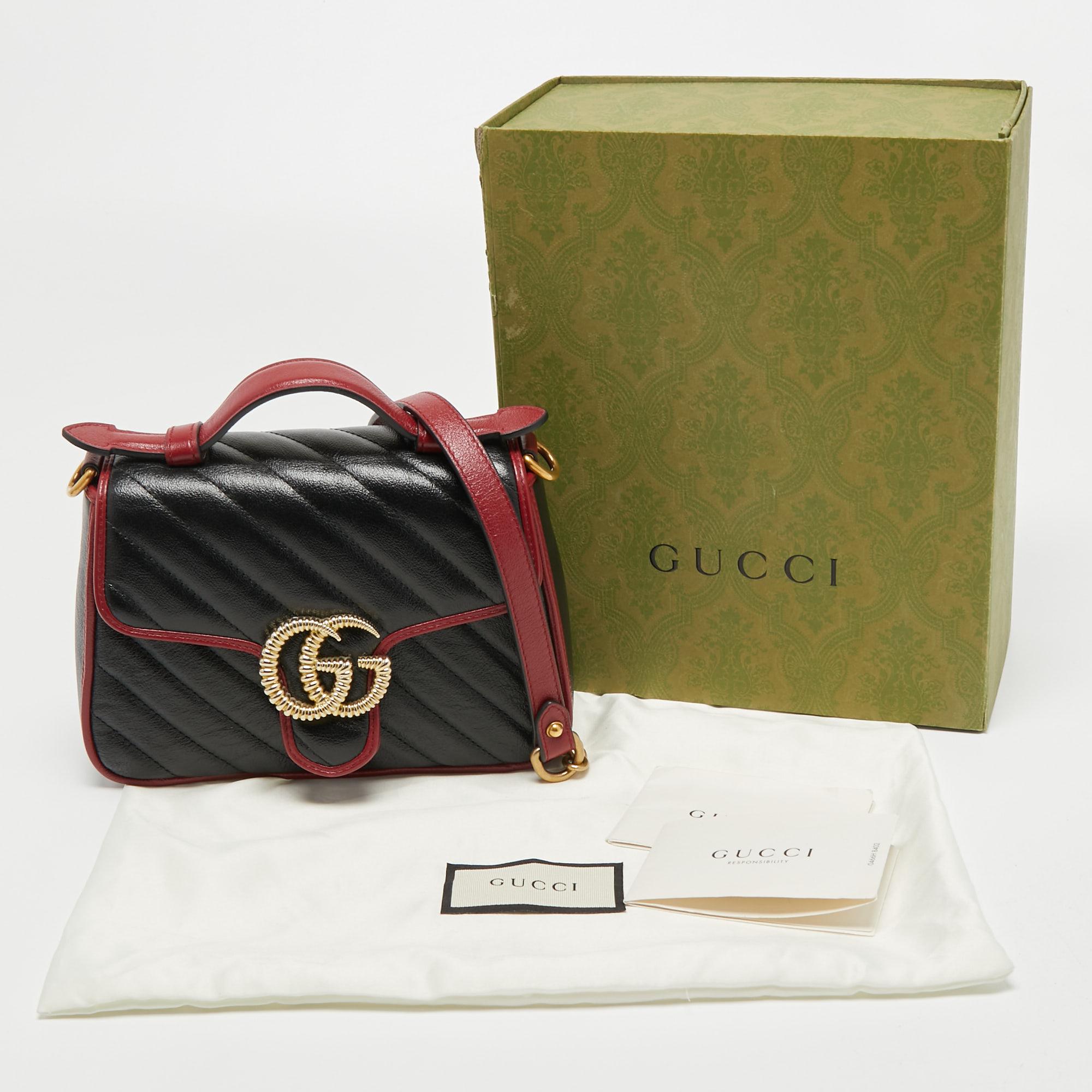 Gucci Black/Red Diagonal Quilt Leather Mini GG Marmont Top Handle Bag 6