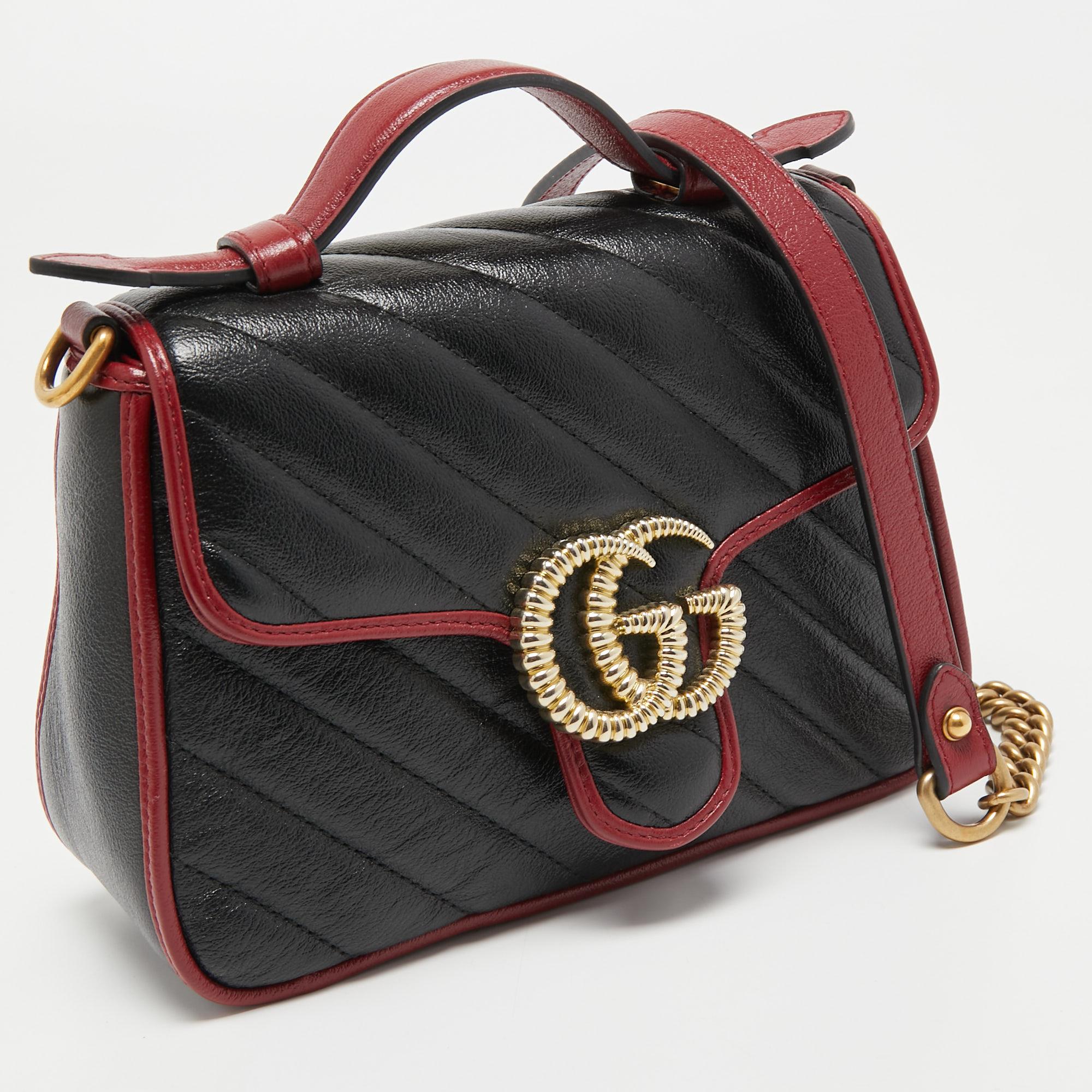 Women's Gucci Black/Red Diagonal Quilt Leather Mini GG Marmont Top Handle Bag