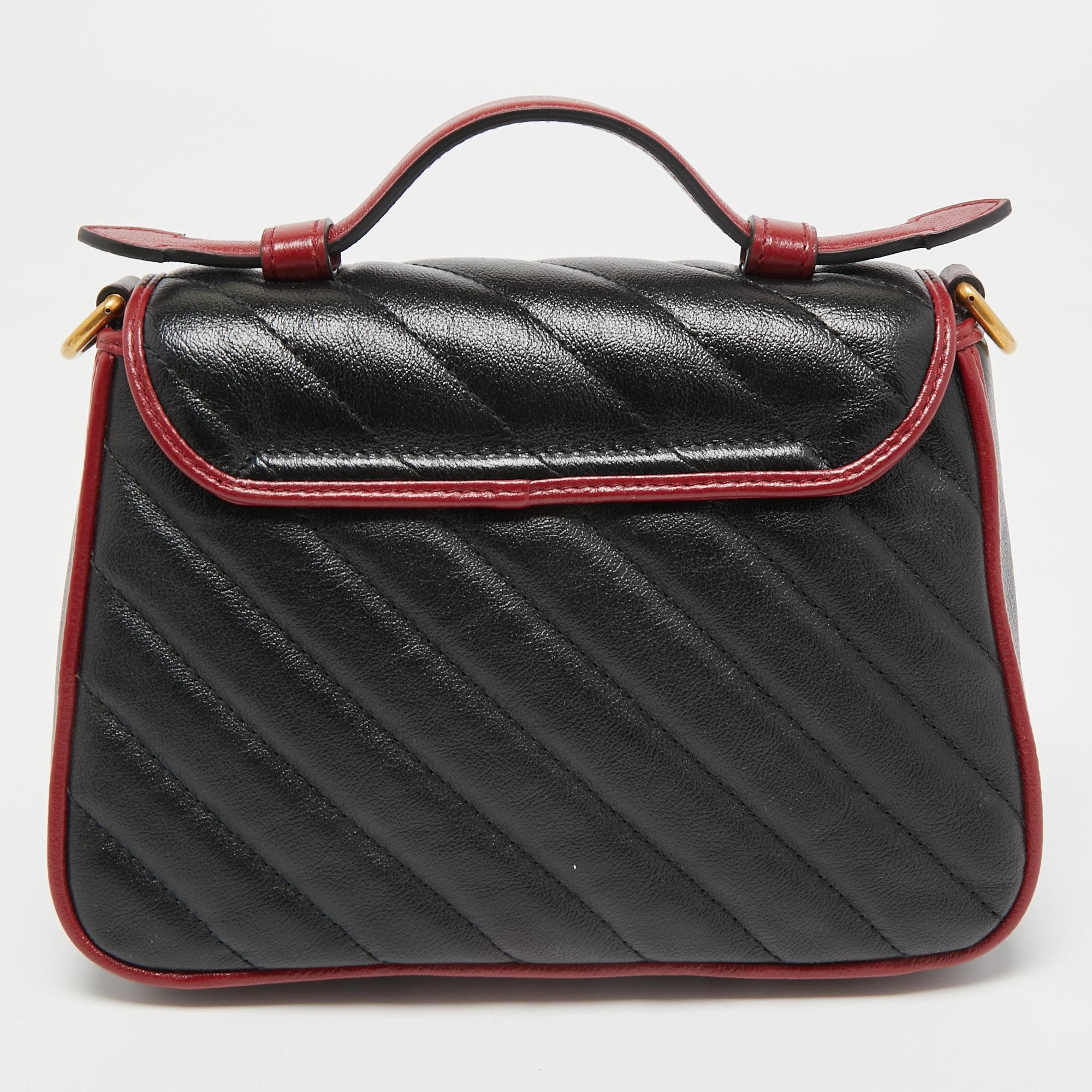 Gucci Black/Red Diagonal Quilt Leather Mini GG Marmont Top Handle Bag 2