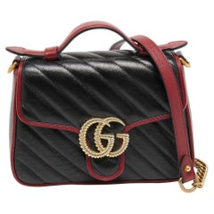 Gucci Black/Red Diagonal Quilt Leather Mini GG Marmont Top Handle Bag