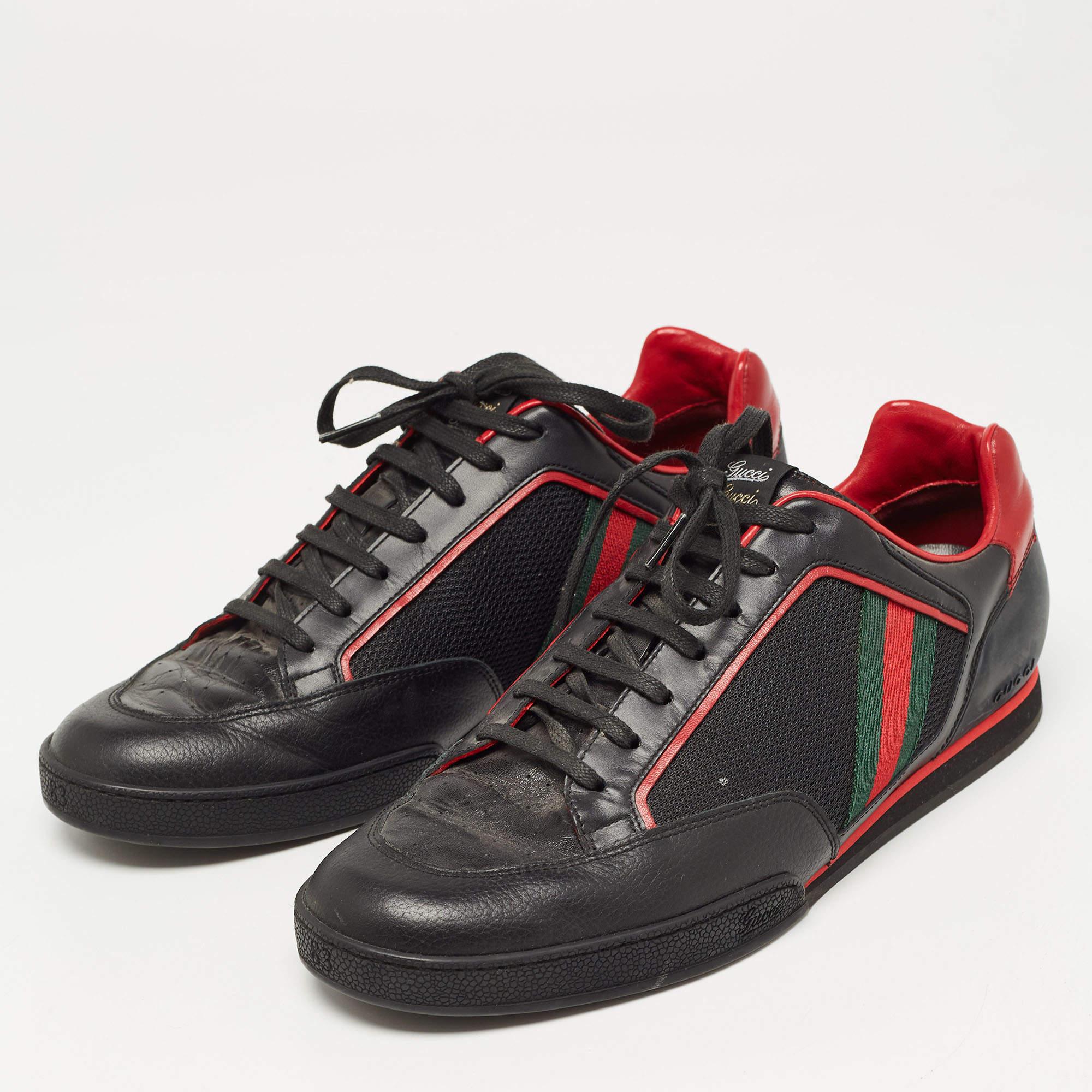 Gucci Black/Red Leather and Mesh Vintage Tennis Sneakers Size 43.5 For Sale 2