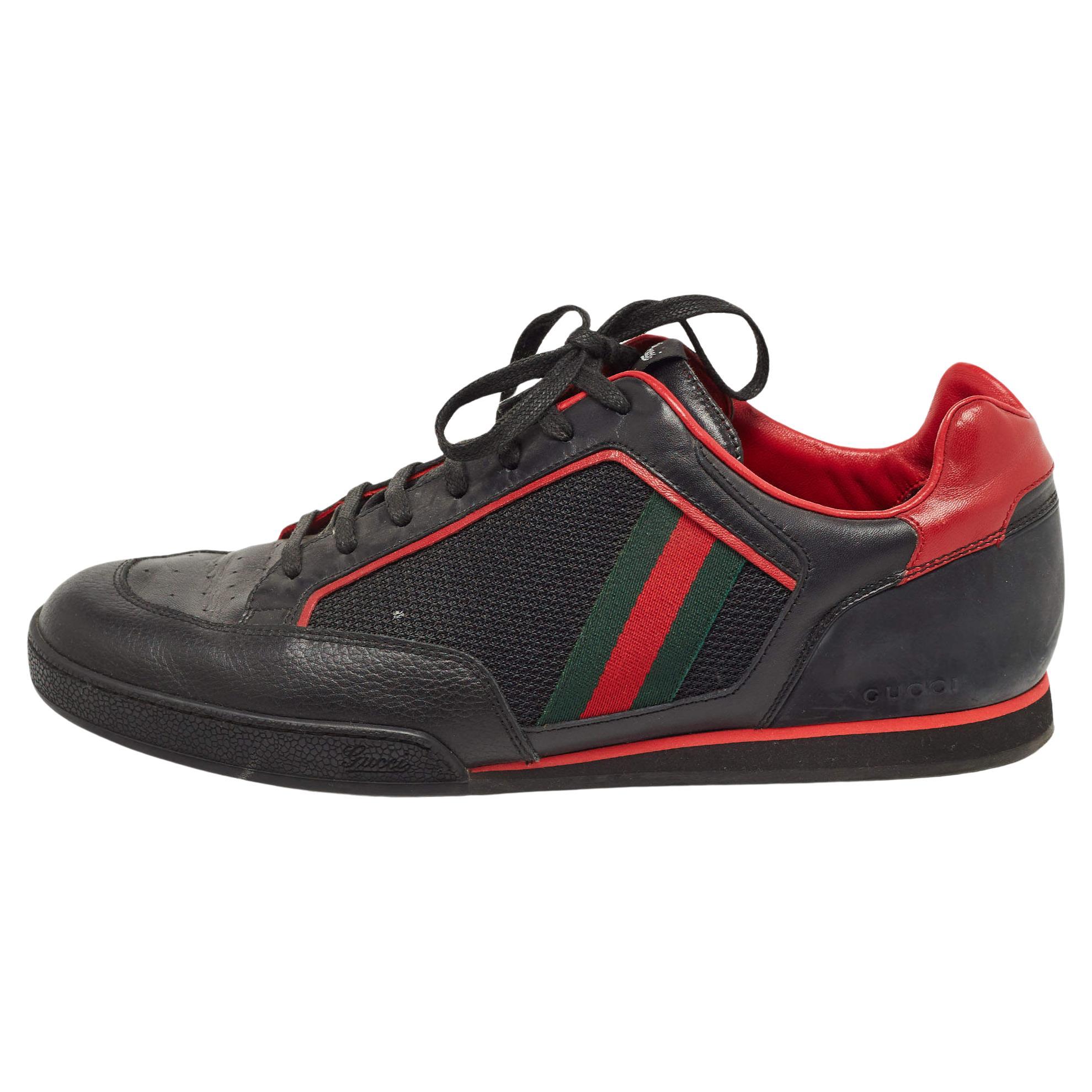 Gucci Black/Red Leather and Mesh Vintage Tennis Sneakers Size 43.5 For Sale