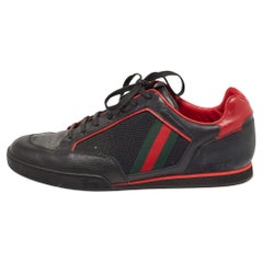 Gucci Black/Red Leather and Mesh Vintage Tennis Sneakers Size 43.5