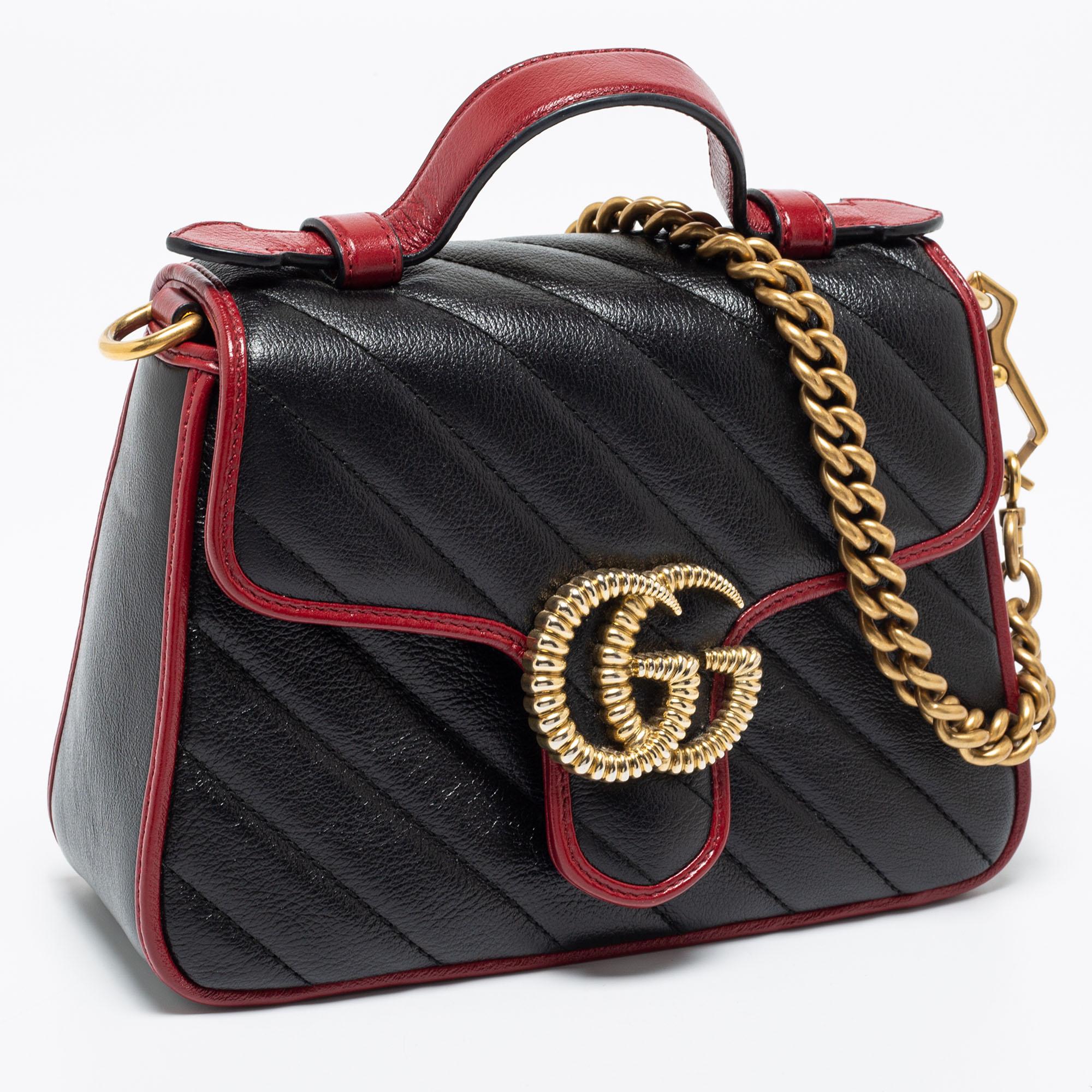 Gucci Black/Red Matelassé Leather Mini Marmont Top Handle Bag 4