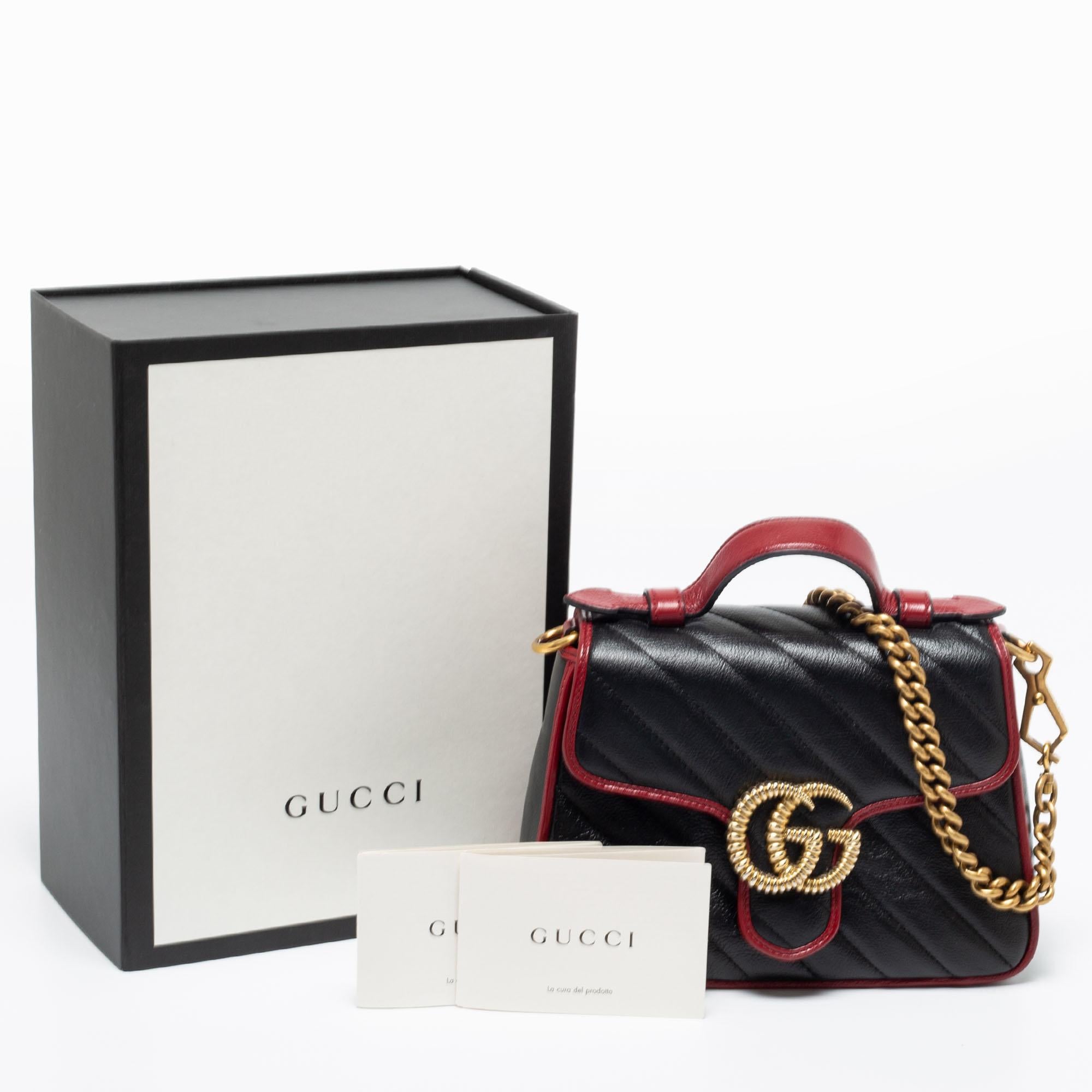 Gucci Black/Red Matelassé Leather Mini Marmont Top Handle Bag 6