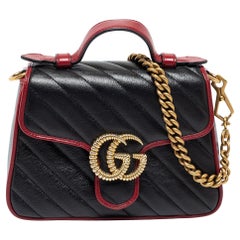 Gucci Black/Red Matelassé Leather Mini Marmont Top Handle Bag