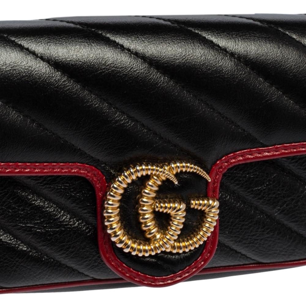 Women's Gucci Black/Red Matelasse Leather Super Mini GG Marmont Torchon Shoulder Bag