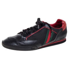 Gucci Black/Red Mesh Fabric and Leather Used Tennis Web Low Top Sneakers Size