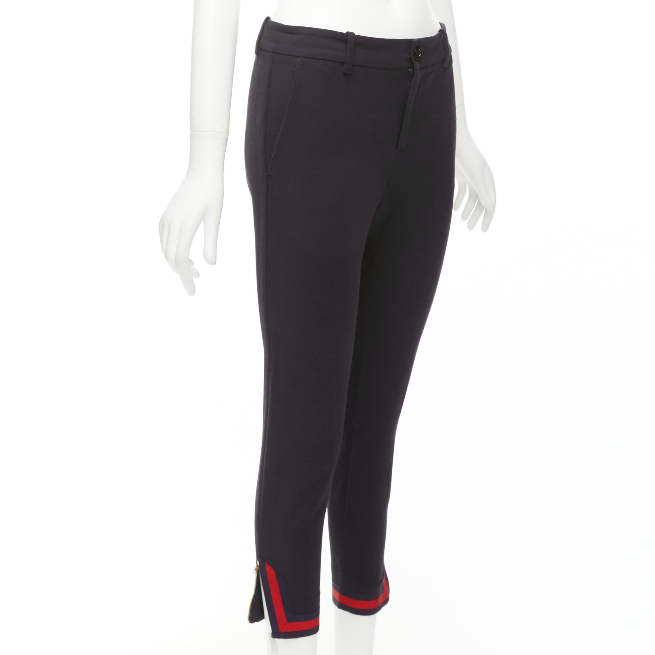 GUCCI black red navy web cuff zip slit mid waist cropped pants IT38 XS
Reference: NKLL/A00195
Brand: Gucci
Material: Fabric
Color: Black, Navy
Pattern: Striped
Closure: Zip Fly
Extra Details: Red navy signature web at cuffs with gold side