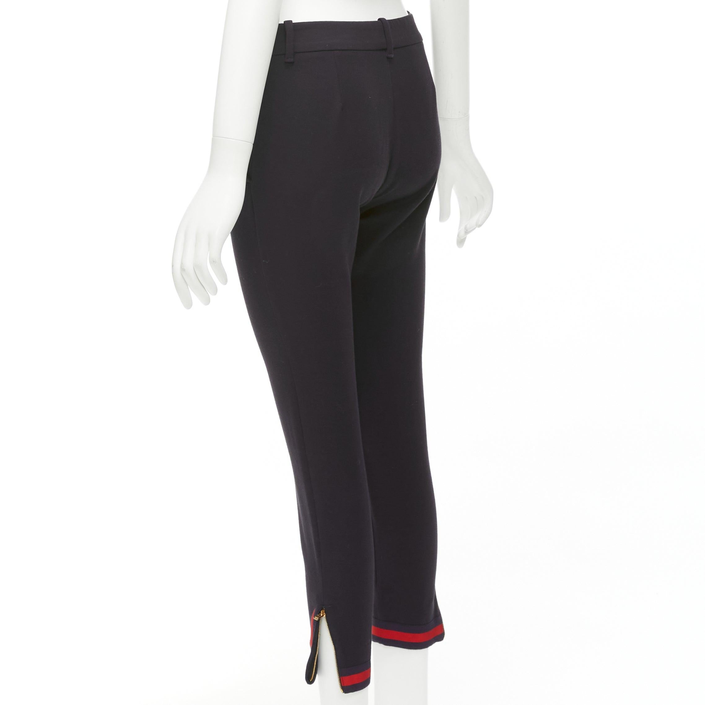GUCCI black red navy web cuff zip slit mid waist cropped pants IT38 XS For Sale 2