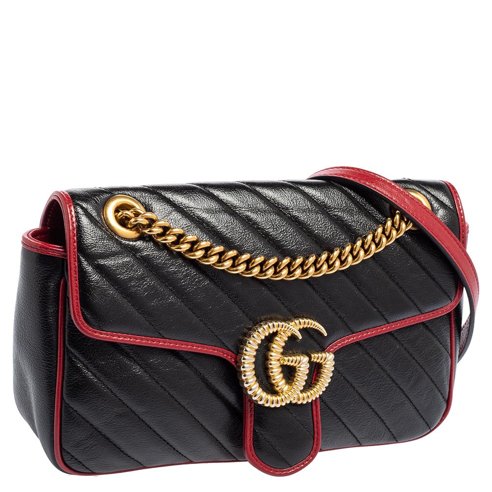 Women's Gucci Black/Red Quilted Leather Medium GG Marmont Shoulder Bag