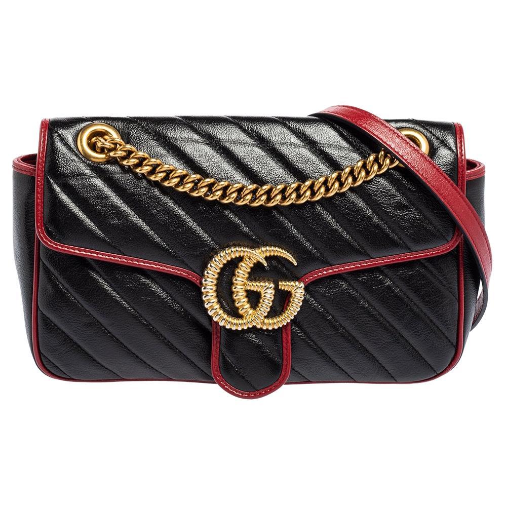 Gucci Black/Red Quilted Leather Medium GG Marmont Shoulder Bag