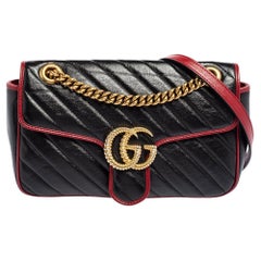 Used Gucci Black/Red Quilted Leather Medium GG Marmont Shoulder Bag