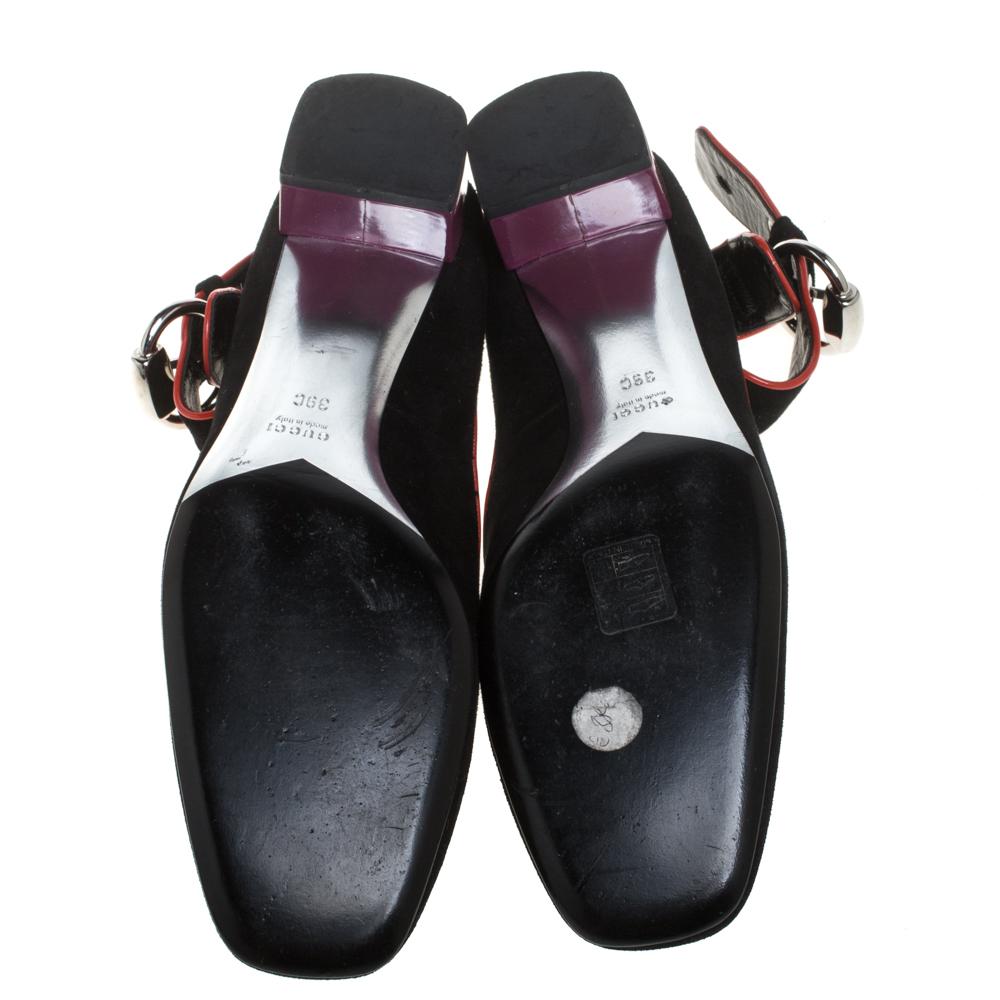 Gucci Black/Red Suede And Patent Leather Square-Toe Sandals Size 39 2