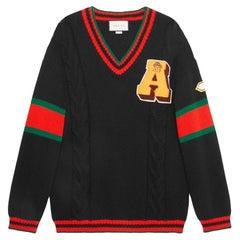 Gucci black red yellow green wool oversized patchwork varsity cable knit sweater