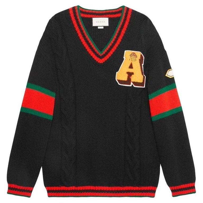 Gucci black red yellow green wool oversized patchwork varsity cable knit  sweater at 1stDibs