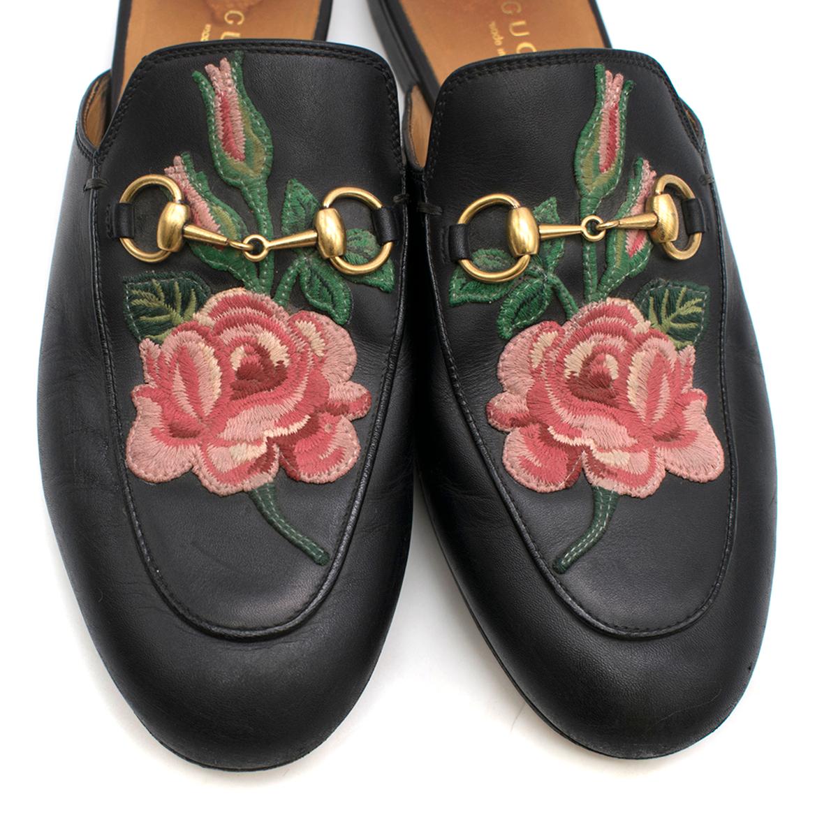 Gucci Black Rose Embroidered Princetown Slippers 37.5 In Good Condition In London, GB