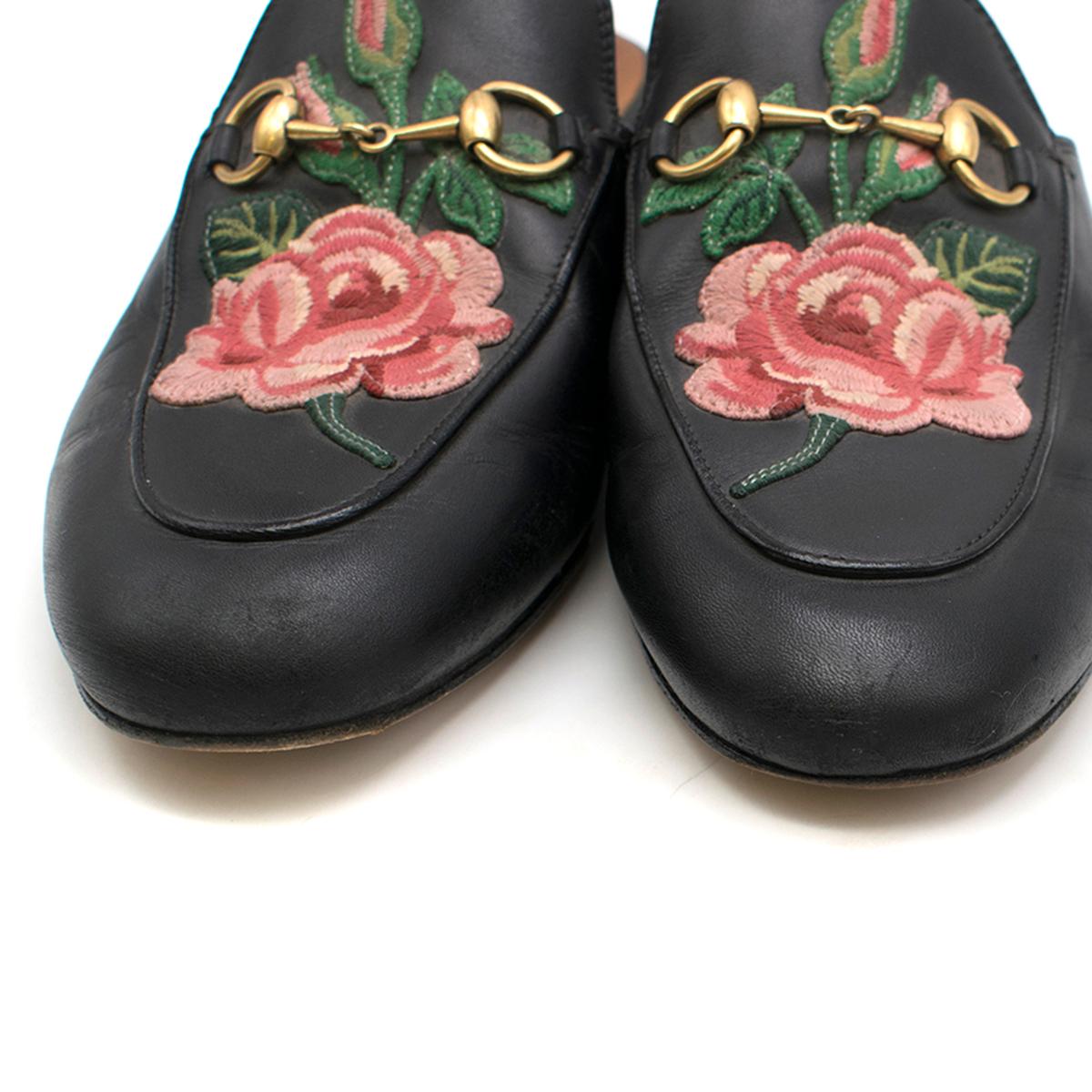 Women's Gucci Black Rose Embroidered Princetown Slippers 37.5