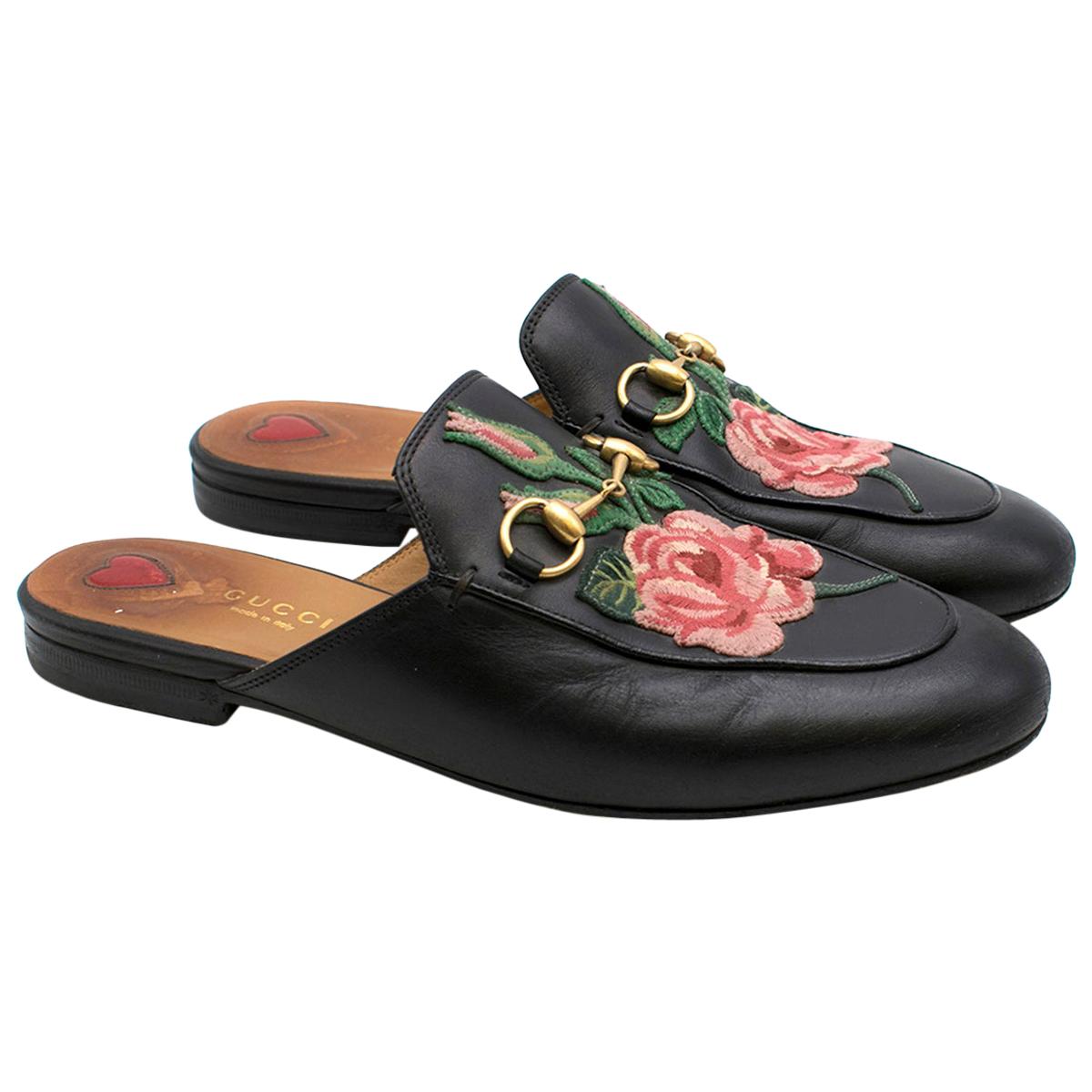 Gucci Black Rose Embroidered Princetown Slippers 37.5