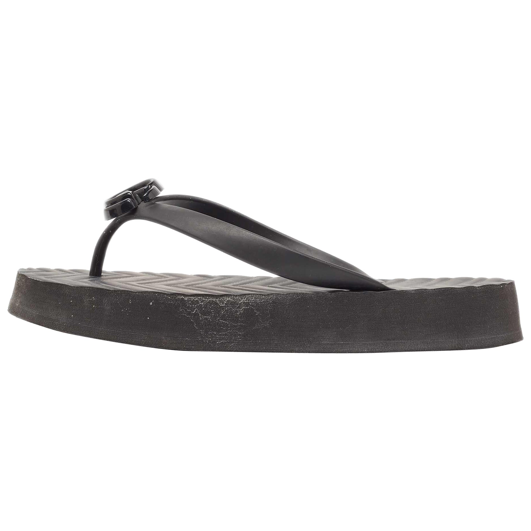 Gucci Black Rubber GG Chevron Thong Platform Slides Size 39