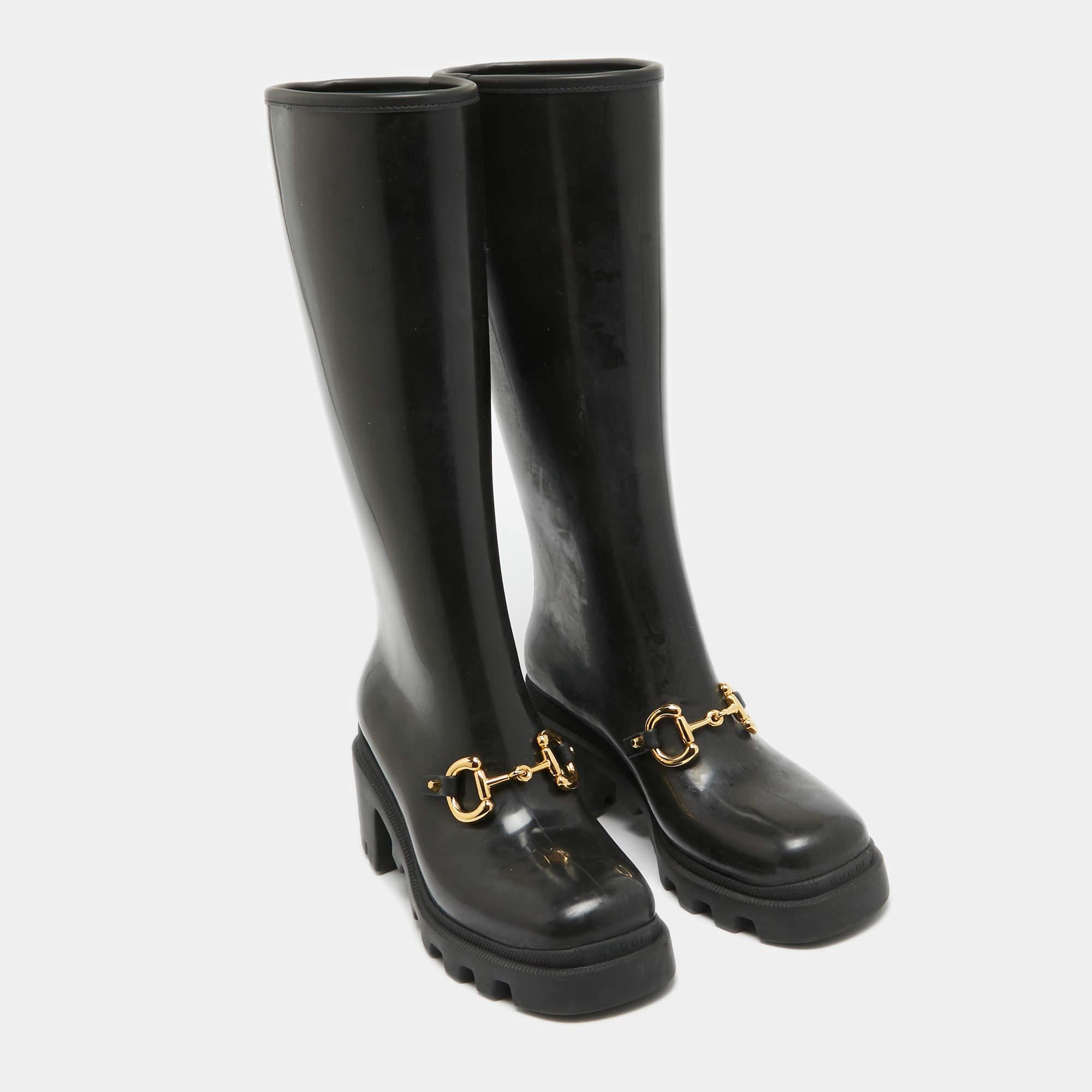 Women's Gucci Black Rubber Horsebit Rain Boots Size 40 For Sale