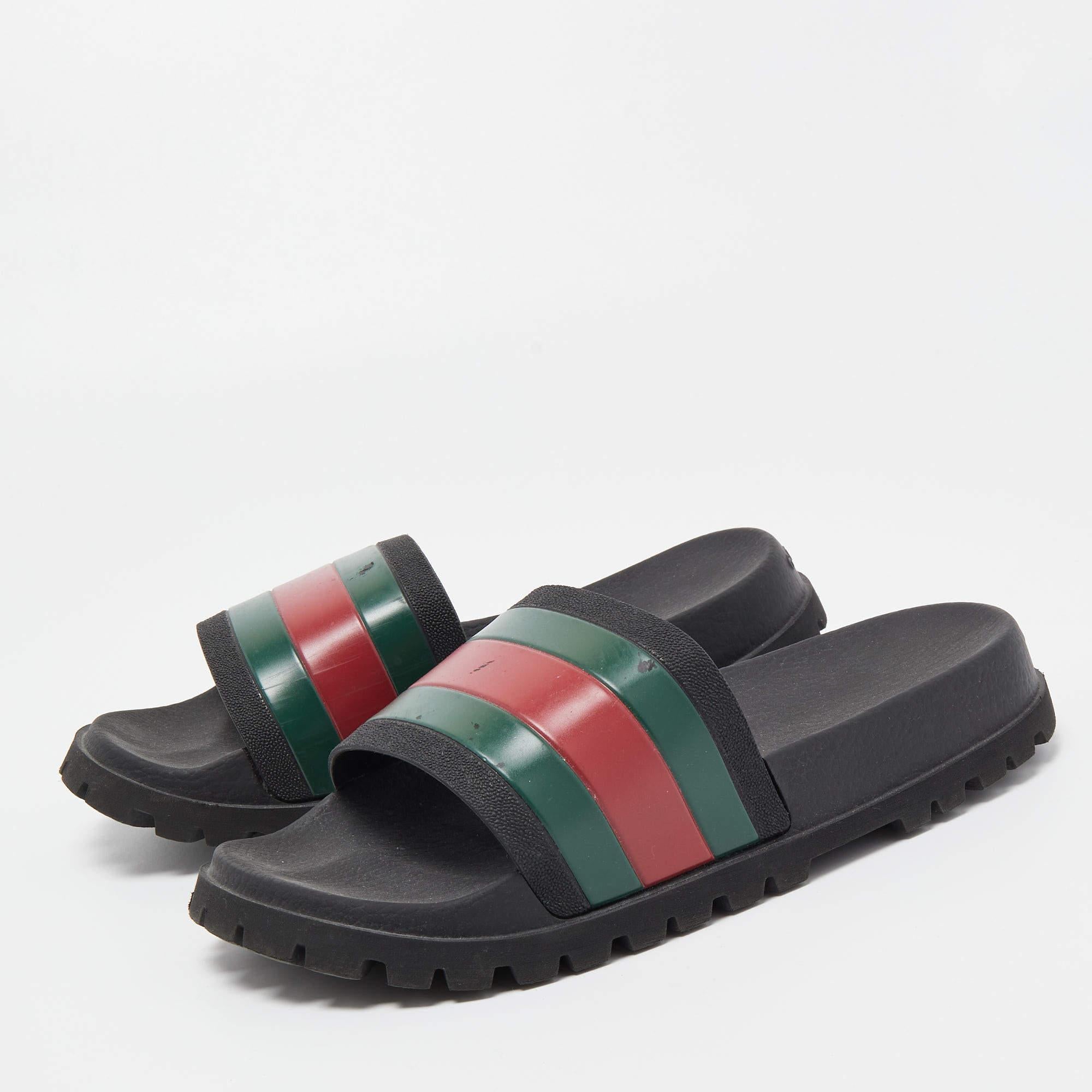 Gucci Black Rubber Web Detail Slide Sandals Size 40 For Sale 1