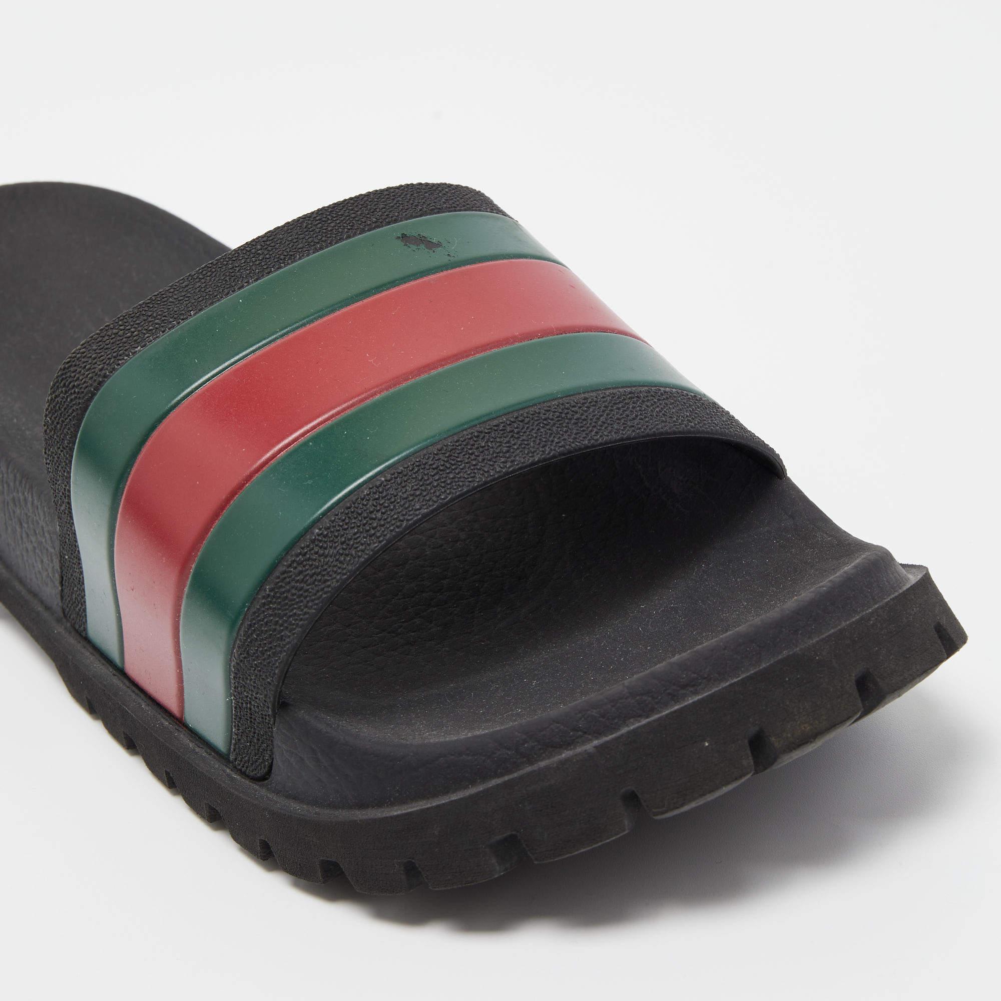 Gucci Black Rubber Web Detail Slide Sandals Size 40 For Sale 2
