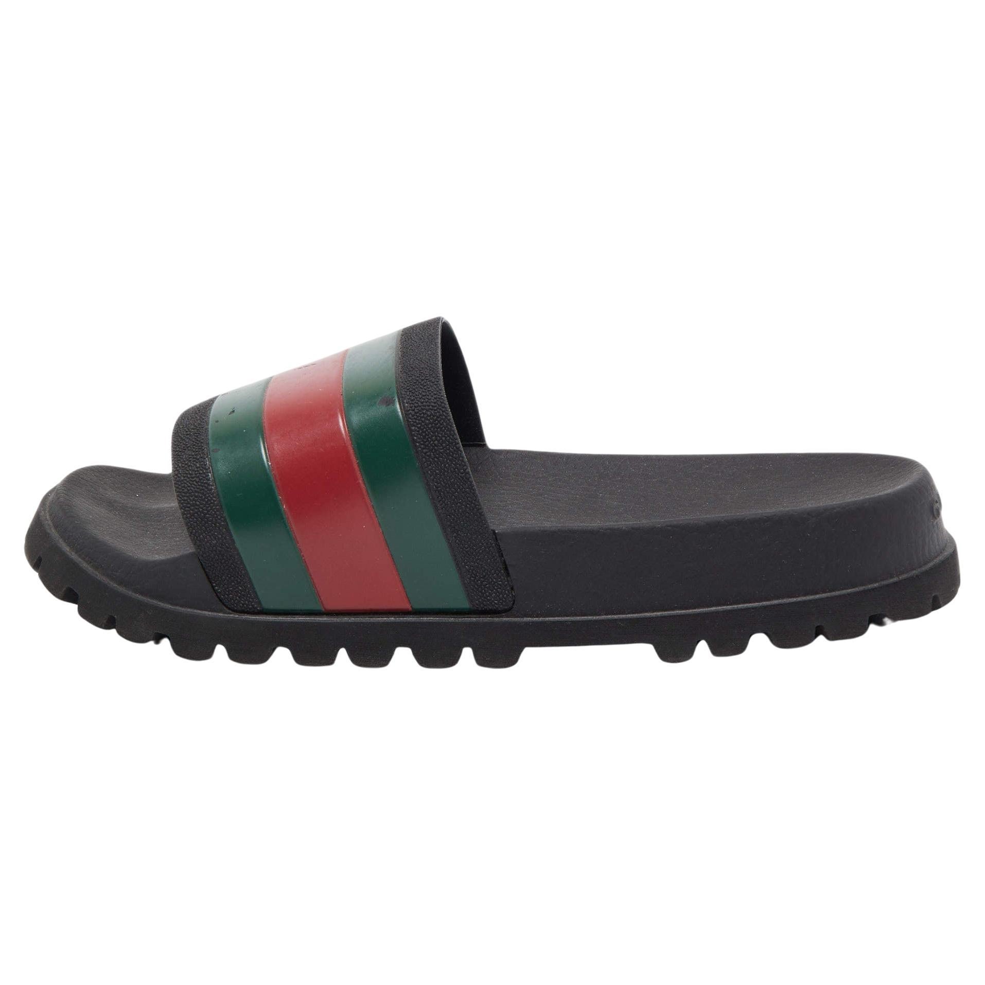 Gucci Black Rubber Web Detail Slide Sandals Size 40 For Sale