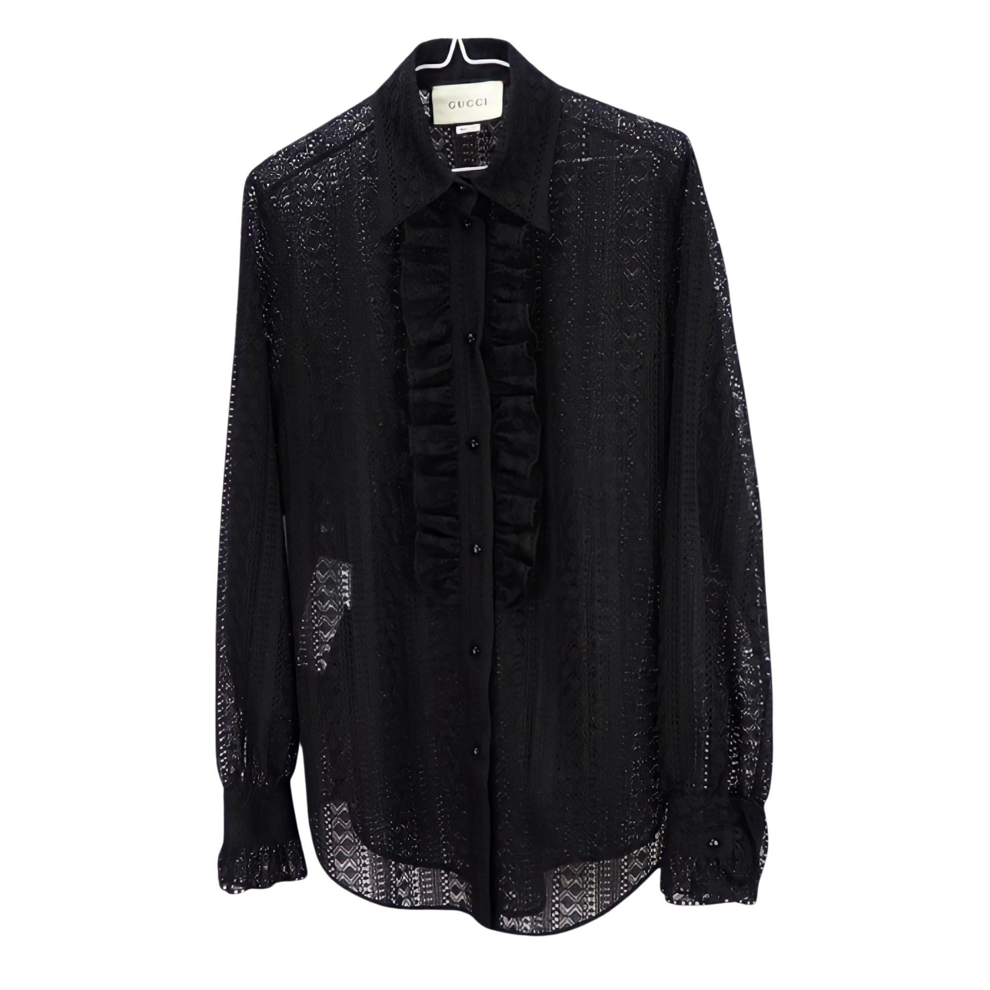 Gucci Black Ruffle Striped Laced Button Up Ls Shirt (M) 572339 In Excellent Condition For Sale In Montreal, Quebec
