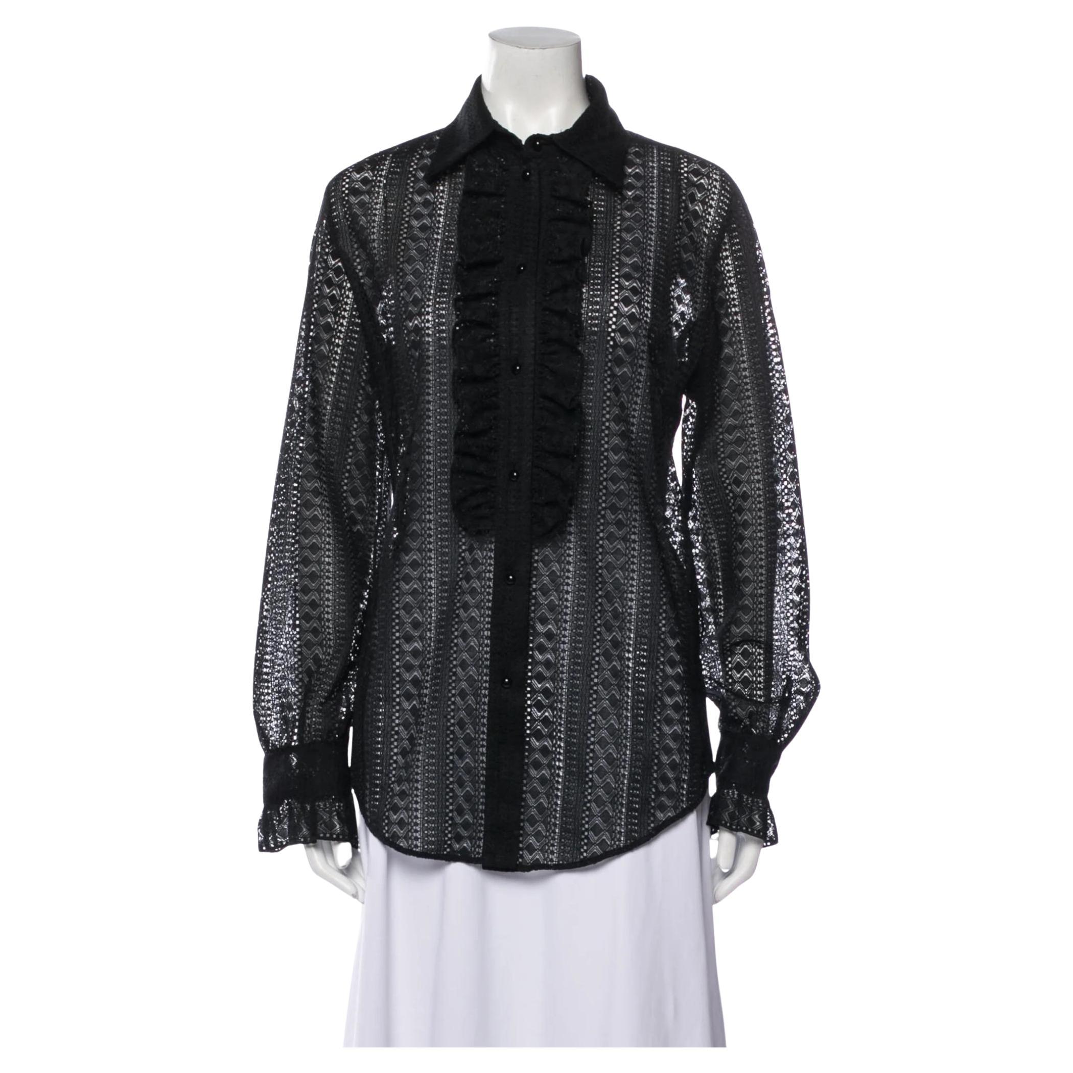 Gucci Black Ruffle Striped Laced Button Up Ls Shirt (M) 572339 For Sale