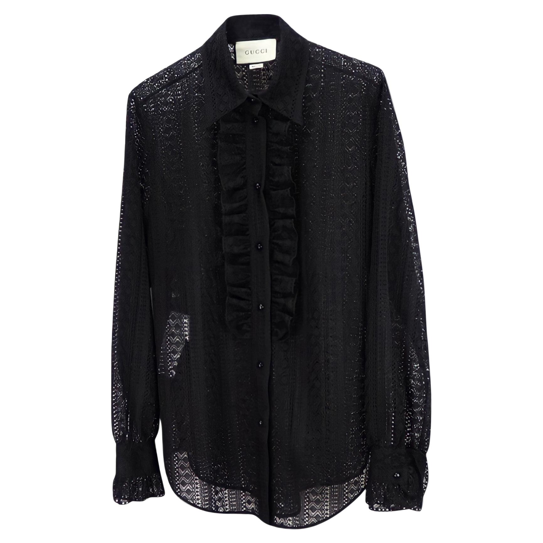 Gucci Black Ruffle Stripped Lace Shirt - Size 42 (572339)