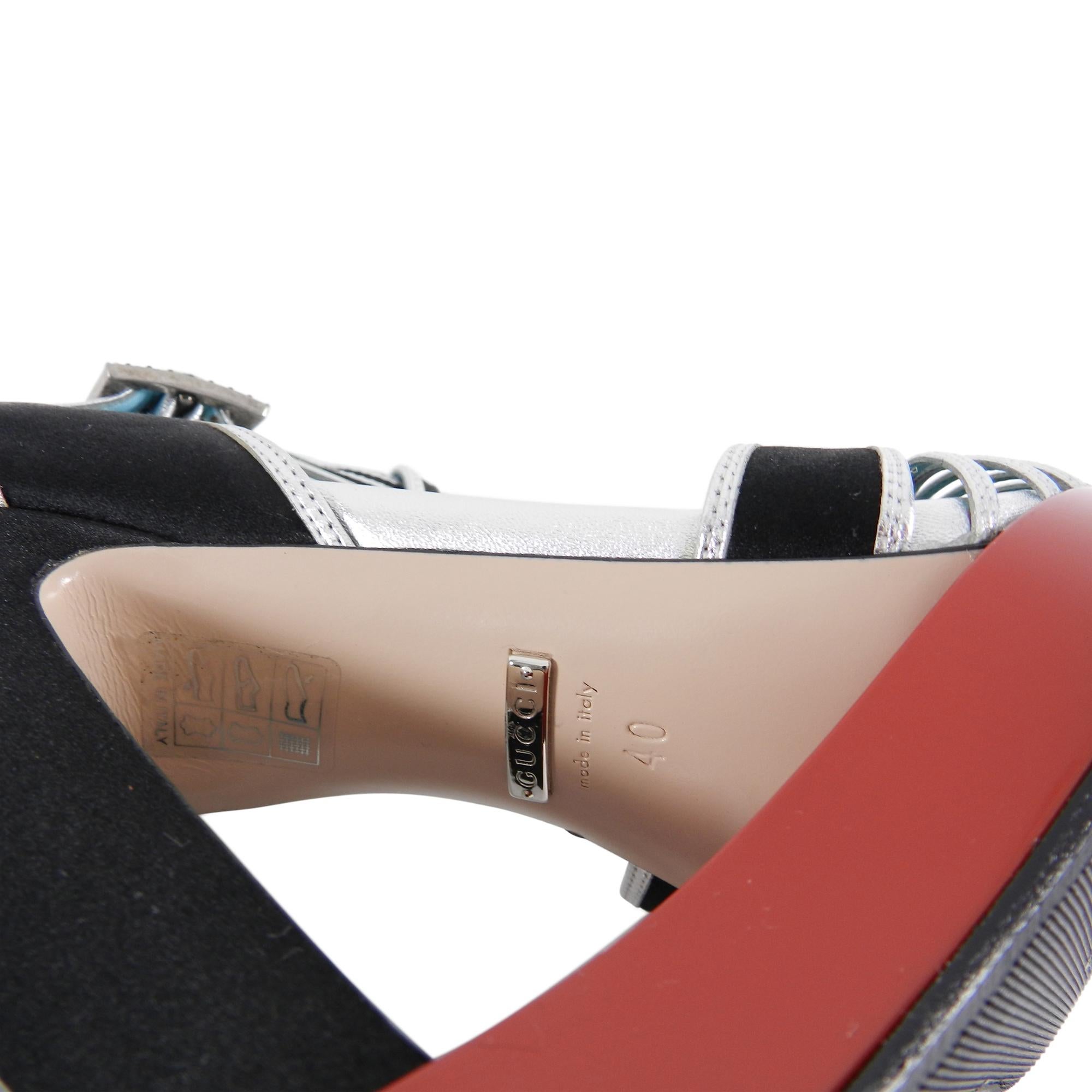 Gucci Black Satin and Silver T-Strap Pump Red Platform with Jewels 5