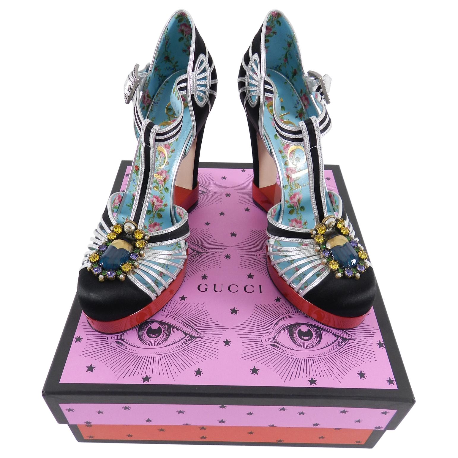 Gray Gucci Black Satin and Silver T-Strap Pump Red Platform with Jewels