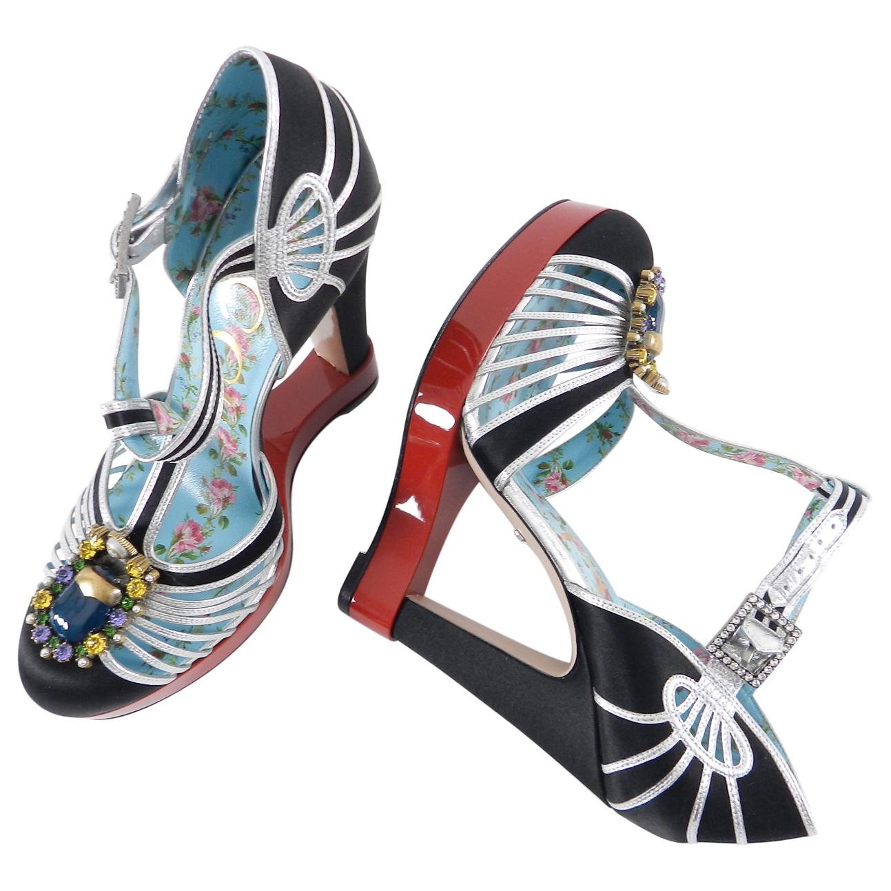 Women's Gucci Black Satin and Silver T-Strap Pump Red Platform with Jewels