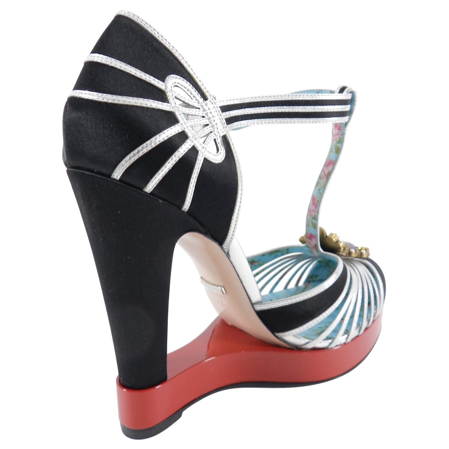 Gucci Black Satin and Silver T-Strap Pump Red Platform with Jewels 1