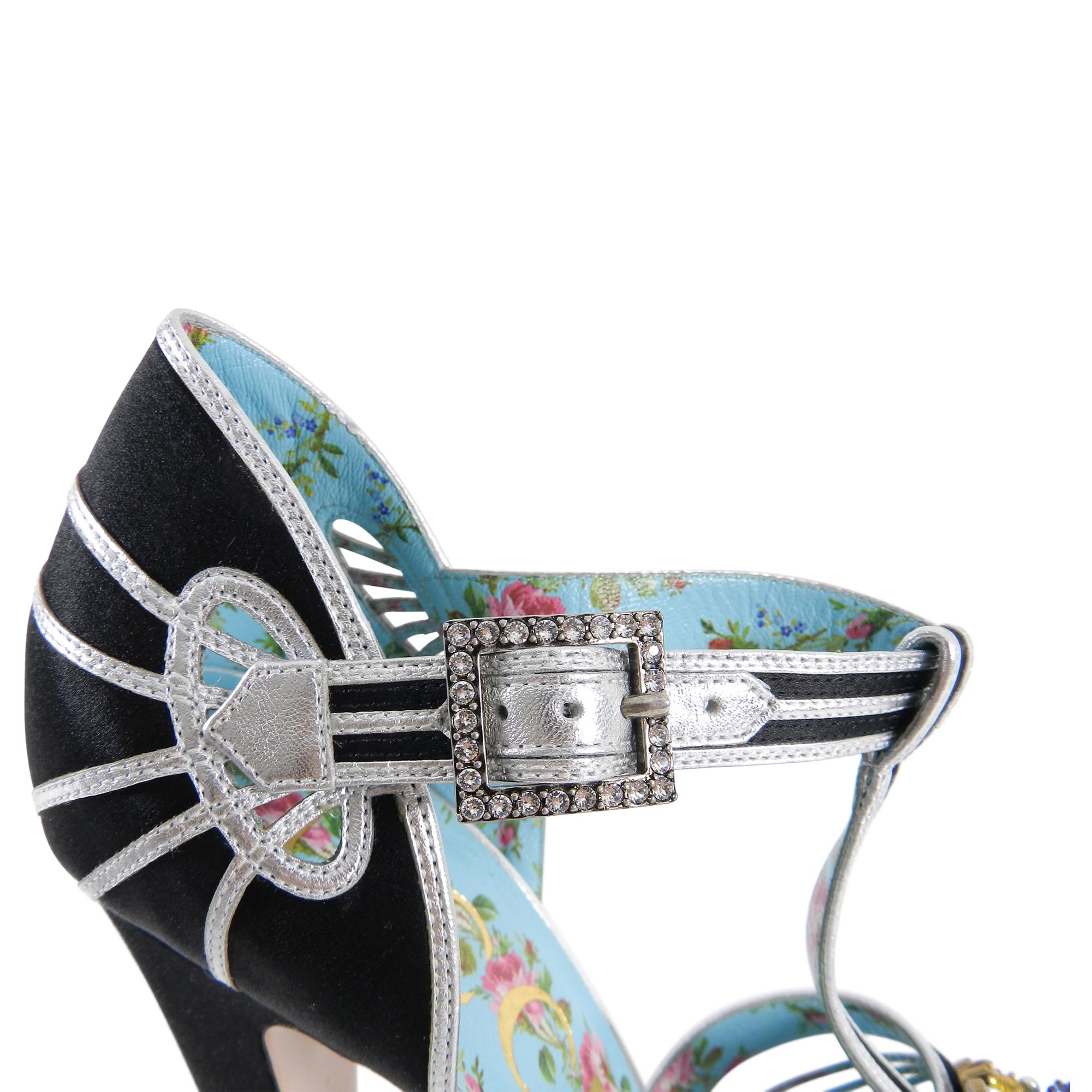 Gucci Black Satin and Silver T-Strap Pump Red Platform with Jewels 2