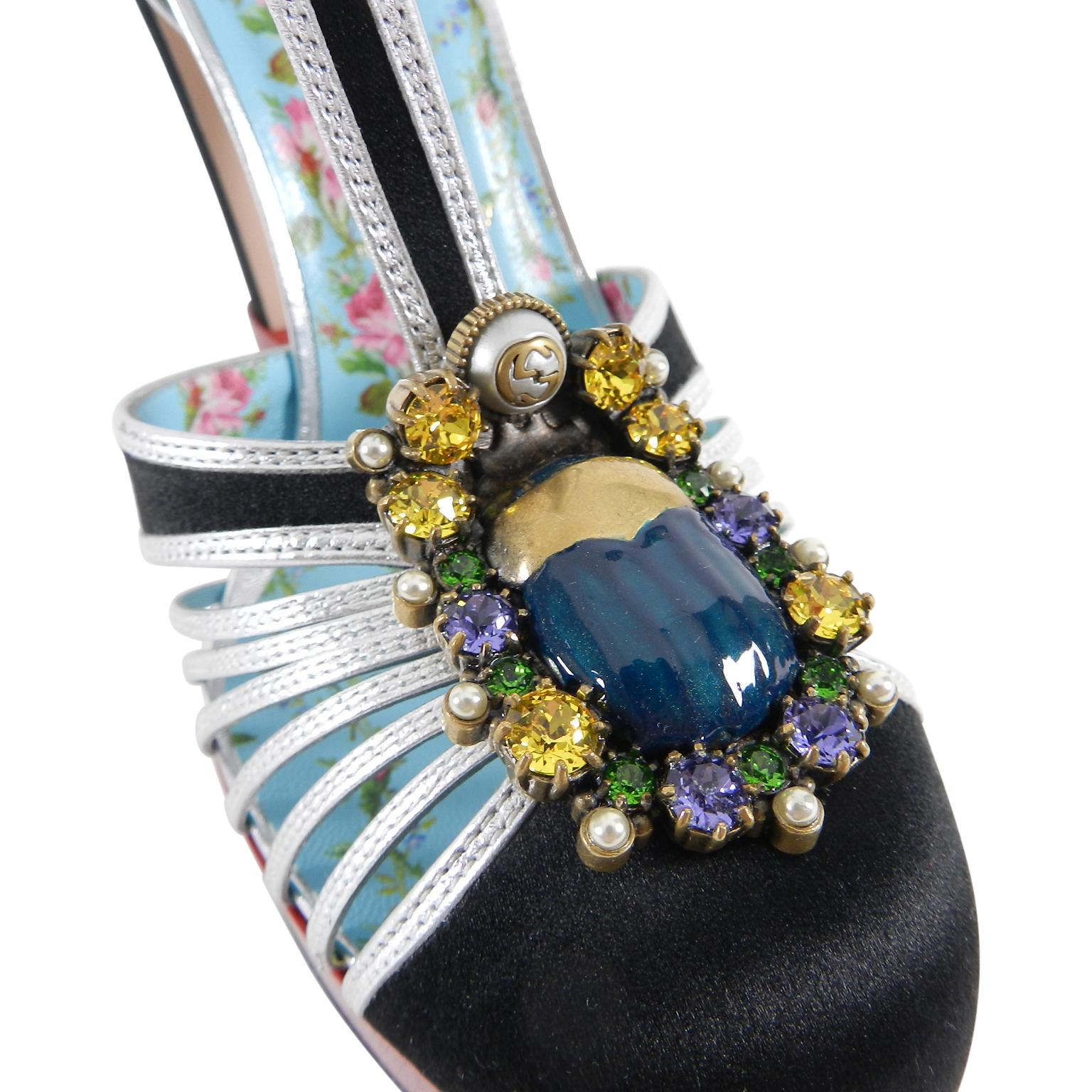 Gucci Black Satin and Silver T-Strap Pump Red Platform with Jewels 3