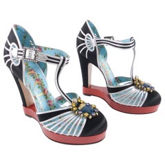 Gucci Black Satin and Silver T-Strap Pump Red Platform with Jewels