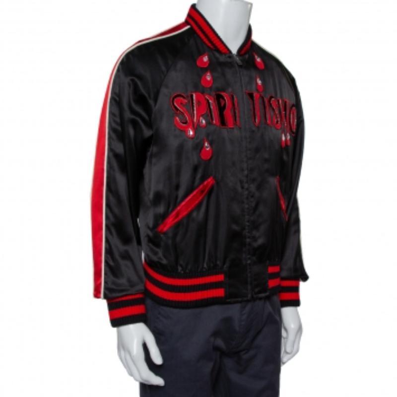 Gucci Black Satin Contrast Trim Spiritismo Applique Detail Bomber Jacket M In Excellent Condition For Sale In Dubai, Al Qouz 2