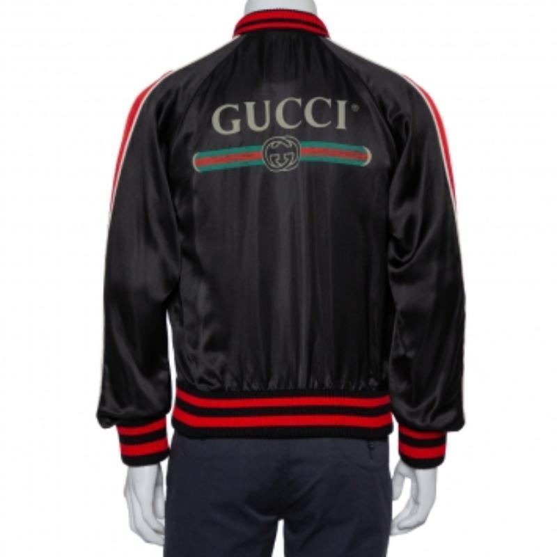 Men's Gucci Black Satin Contrast Trim Spiritismo Applique Detail Bomber Jacket M For Sale