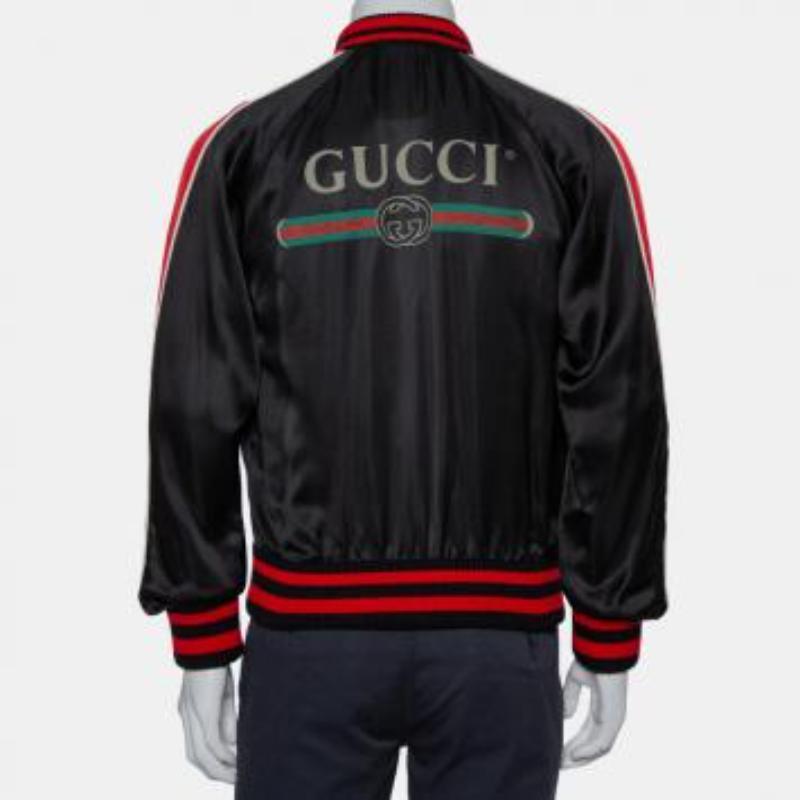 Gucci Black Satin Contrast Trim Spiritismo Applique Detail Bomber Jacket M For Sale 3