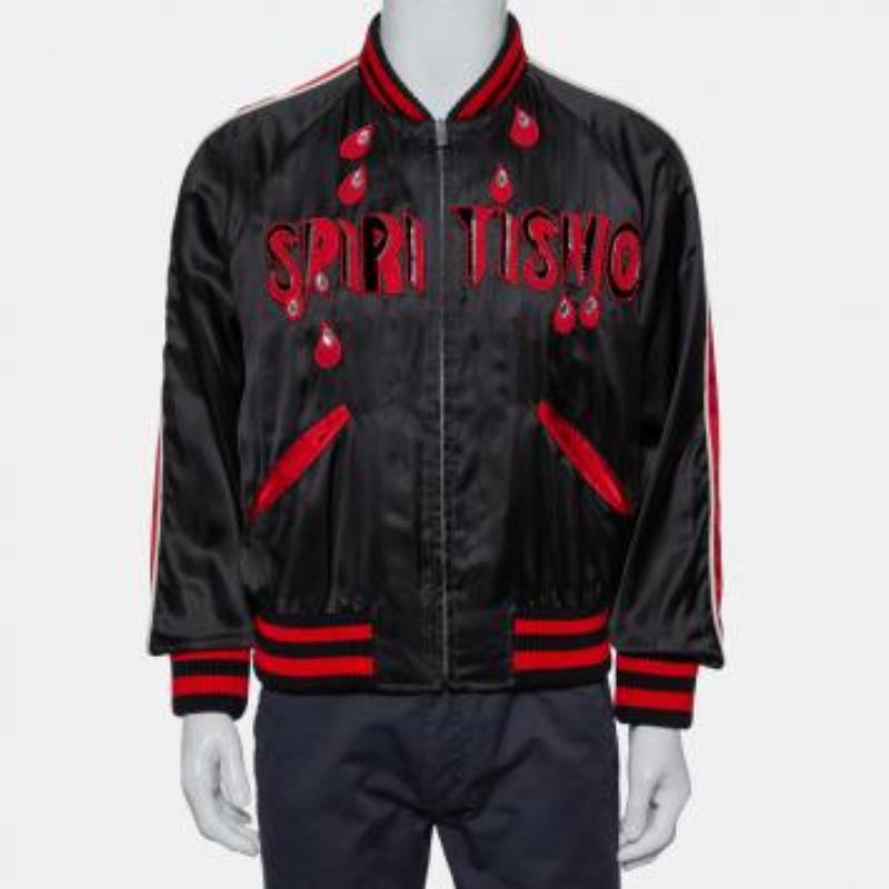 Gucci Black Satin Contrast Trim Spiritismo Applique Detail Bomber Jacket M For Sale 4