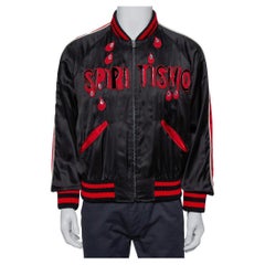 Used Gucci Black Satin Contrast Trim Spiritismo Applique Detail Bomber Jacket M