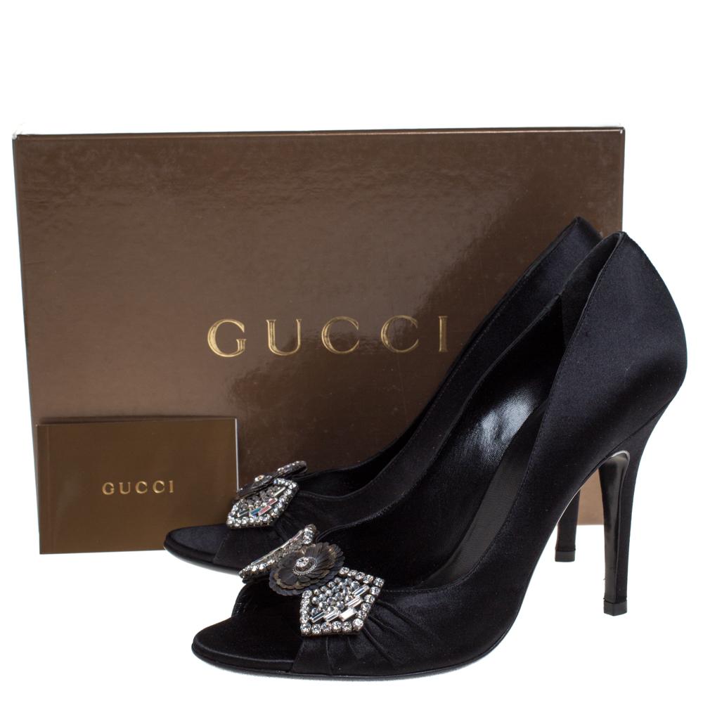 Donna Gucci Pumps Peep Toe in raso nero con fiocco impreziosito da cristalli misura 39,5
